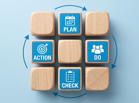Business management cycle diagram showing plan do check action steps using wooden block icons for organizational process workflow continuous improvement development strategy.