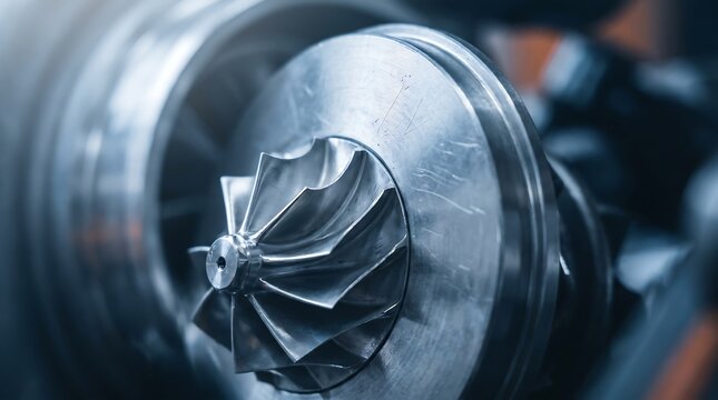 Detailed close-up of a high performance turbocharger turbine wheel in a car engine bay with auto part heavy duty turbocharger automotive machinery mechanics