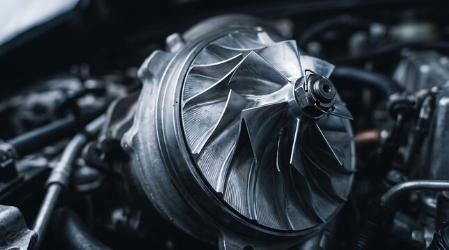 Detailed view of a high performance turbocharger turbine wheel in dark industrial setting highlighting complex design and engineering.