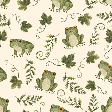 Watercolor seamless pattern with cute green frogs, autumn botanical leaves and curling vines on cream background