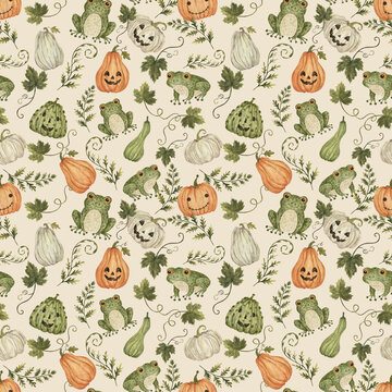 Watercolor seamless pattern with cute frogs, pumpkins and botanical leaves, whimsical autumn garden background
