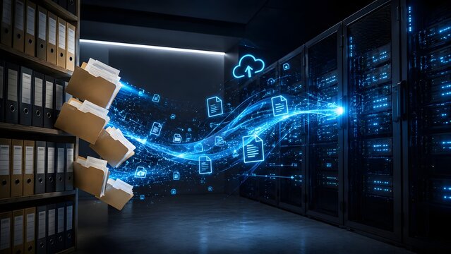 Digital data migration concept with physical folders transforming into glowing document icons streaming into server racks