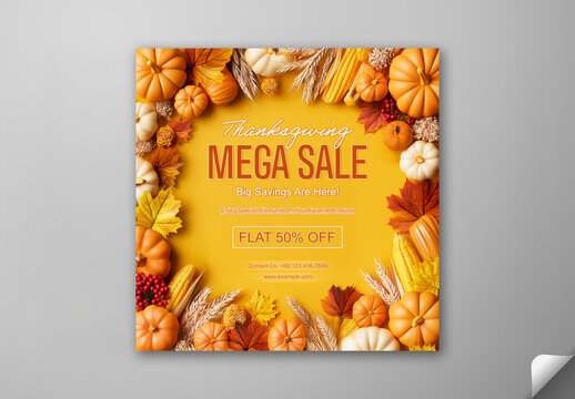 Editable Thanksgiving Sale Social Media Template with 50 Percent Off on Harvest Food Autumn Background.