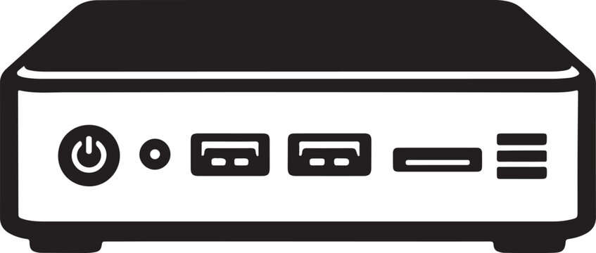 Desktop mini PC vector illustration, compact rectangular computer with front USB ports, isolated black icon.