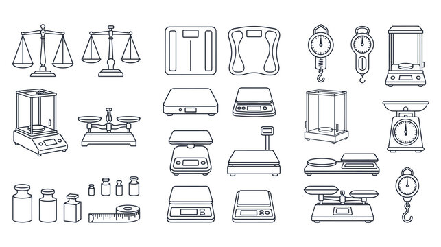 Different types of weighing scales and balance outline icon set.