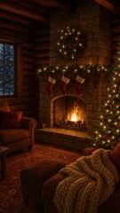 Naklejka premium Cozy festive cabin fireplace scene mobile wallpaper