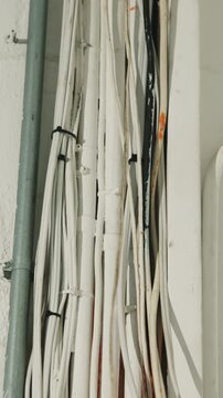 Wiring, building and cable management with electrical insulation, safety compliance and zip tie. Exterior wall, pipes and installation with conduit infrastructure, power and danger prevention