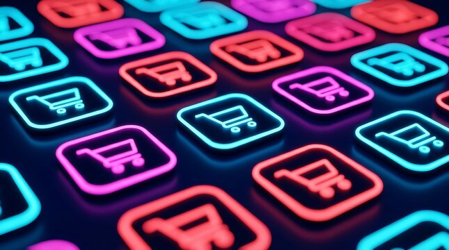 Rows of glowing neon shopping cart icons in vibrant pink, purple, and cyan against a dark background representing online shopping and e-commerce.