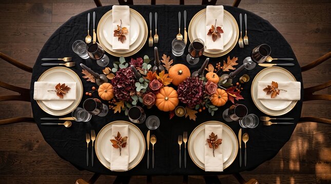 Autumnthemed dinner table setting with pumpkins and flowers, halloween concept, copy space