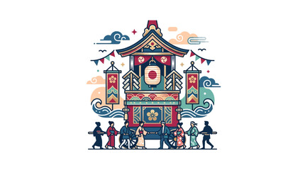 Naklejka premium Japanese festival float with waves and festive banners.
