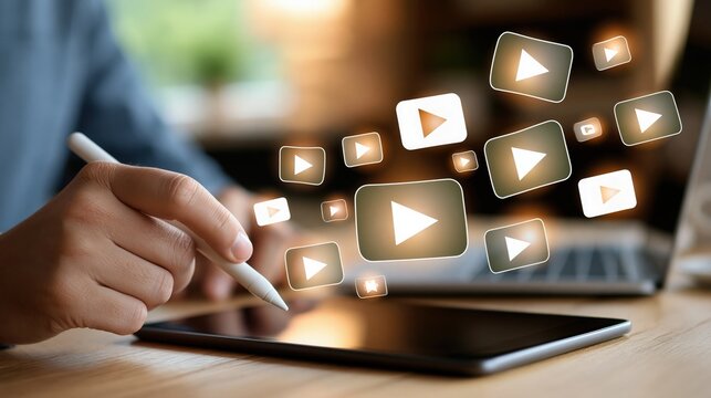 Person's hand holding a stylus and interacting with a tablet, with numerous video play icons appearing above the screen.