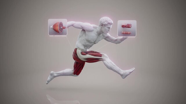 Conceptual 3D animation of a Greek statue running with visible muscle anatomy