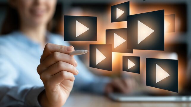 A smiling person's hand holds a stylus and touches a tablet screen, surrounded by numerous glowing video play buttons.