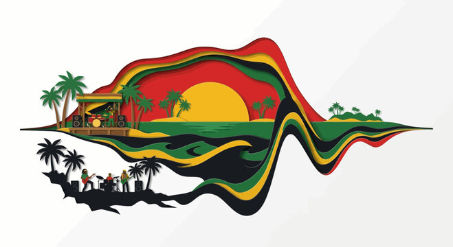Tropical island vibe with beach party and reggae sunset art
