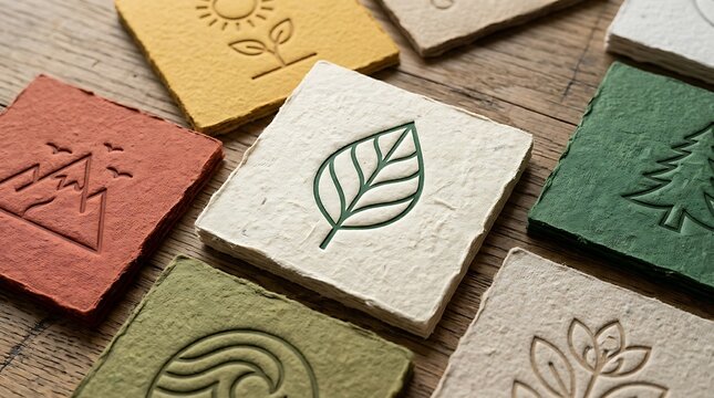 Set of square stone tiles with nature icons including leaf and mountain engraved on textured concrete surface