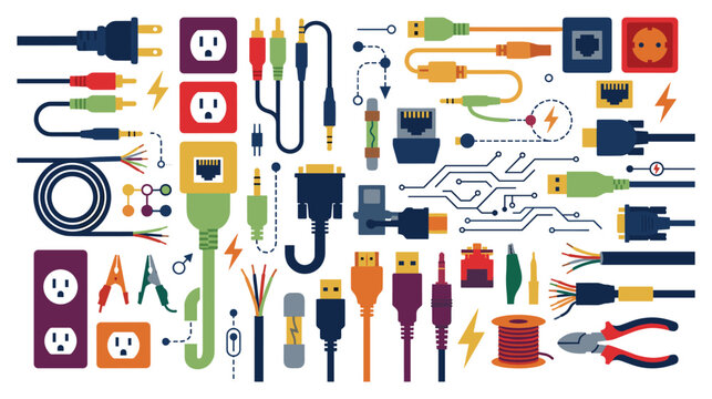 Electronic cable and connector icons set for technical connection art.