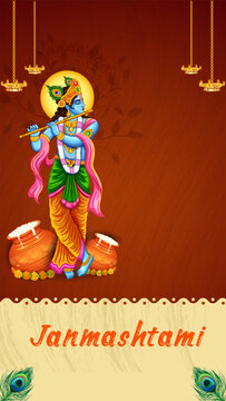 Krishna Janmashtami Horizontal Greeting Card with Krishna and Butter Pot Illustration