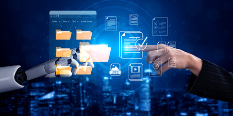 Obraz premium Futuristic Interaction Between Human Hand and Robotic Arm Showcasing Digital Data Management and Technology Transformation in a Modern Setting Sigmoid