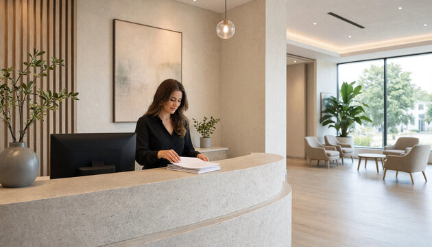 Female receptionist working behind the wooden reception desk in a contemporary luxury hotel lobby and lounge area with front desk waiting room receptionist reception business corporate