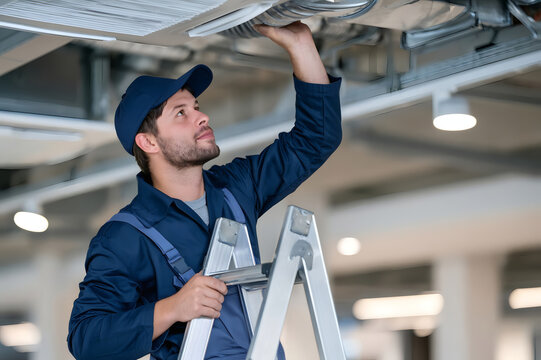 Technician in uniform standing on a ladder inspecting air conditioning ventilation system in a modern building.