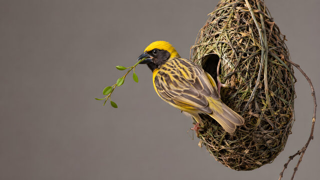 Baya weaver bird perched on its woven hanging nest while holding a green twig in its beak, wildlife nature and avian architecture concept, studio shot on gray background