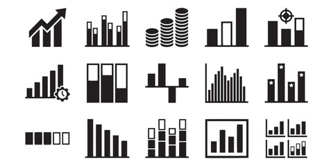Obraz premium Black Silhouette Icons Representing Business Growth Charts And Financial Statistics On A White Background
