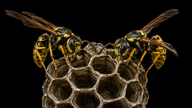 Two paper wasps tending to a hexagonal honeycomb nest isolated on a solid black background