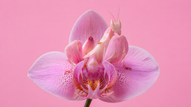 A pink orchid mantis sitting camouflaged on a matching pink phalaenopsis orchid flower against a solid pink background
