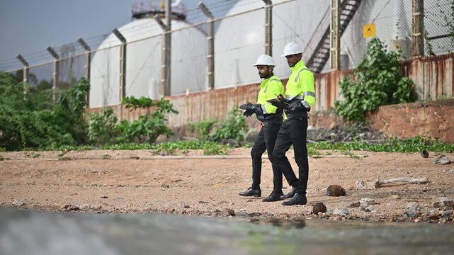 Engineers wearing safety gear, including hard hats examining survey a large blueprint tablet standing industrial facility gas or oil refinery engaged in a job requires high safety standards concept.	