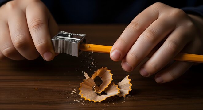 Person sharpening a yellow pencil with a metal sharpener on a desk