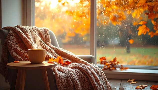 Cozy autumn reading nook by a rainy window with tea and a knit blanket, copy space