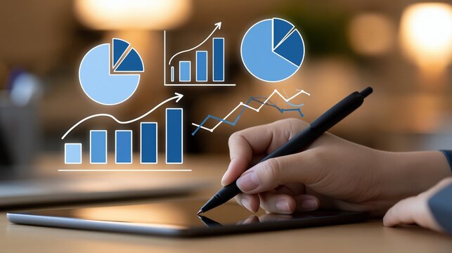 Hand using a stylus on a tablet with digital charts and graphs overlaying the screen.