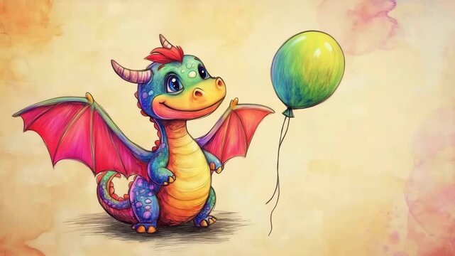 cute dragon with birthday balloons sketch design animation