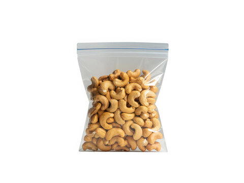 Cashews in a plastic zip top bag on transparent background