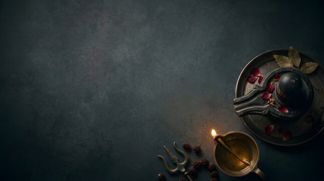 Dark moody flat lay composition featuring a symbolic stone shrine with a burning oil lamp and ritual objects on a dark textured surface