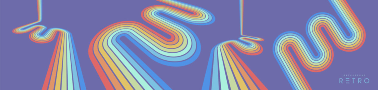 A retro 1970s-style background. Colorful lines. Abstract, dynamic curved ribbons. A serpentine curve of a race track. Designed for posters or banners for sports competitions. Vector illustration.