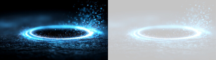 Blue glowing magic portal ring with bursting particle trail. Sci-fi light effect template on transparent background © Алекс Ачкасов
