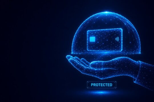 Futuristic digital hand holding a glowing credit card under a protective dome. card protection transaction monitoring protection technology. card protection