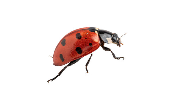 Small red ladybug insect crawling wildlife macro portrait isolated on a white background
