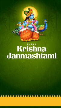 Krishna Janmashtami Horizontal Greeting Card with Krishna and Butter Pot Illustration
