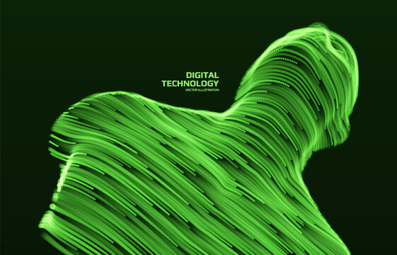 A green digital stream forms a human silhouette. Concept of technology and innovation. 3D modeling. Vector for a brochure, flyer, cover, presentation, etc.