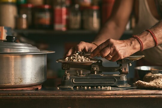 Close up of vendor hands weighing coffee beans on vintage scale in rustic kitchen