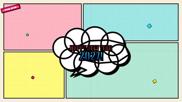 Happy new year 2027 graphic animation footage featuring a colorful comic book style layout with dynamic speech bubble motion effects