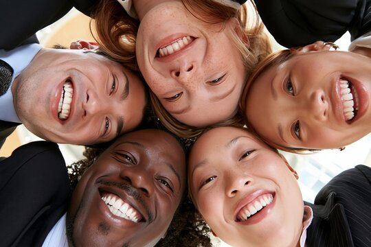 Diverse group of happy business colleagues looking down at the camera in a circle formation