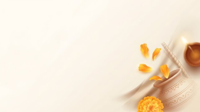 Festive clay pot with glowing lamp and yellow petals for religious prayer event