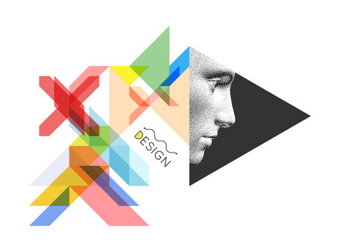 An art composition with geometric shapes. The face is in profile, composed of dots. Cover design template. Minimalistic design for business presentation, placard, cover, brochure, etc. 3d vector.