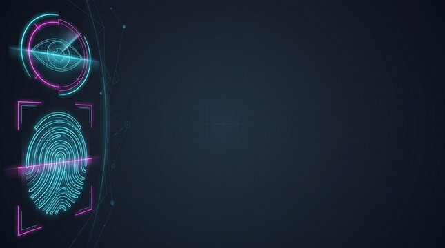 Minimalist Futuristic Biometrics Background with Glowing Fingerprint Scanner Wireframe and Wide Copy Space