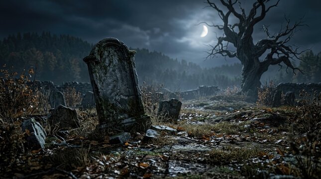 A spooky halloween 3d graveyard background featuring old tombstones and a dead tree under a bright full moon night sky