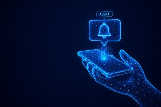 Glowing digital wireframe smartphone held in hand displaying notification alert bell. card protection transaction monitoring smartphone. card protection