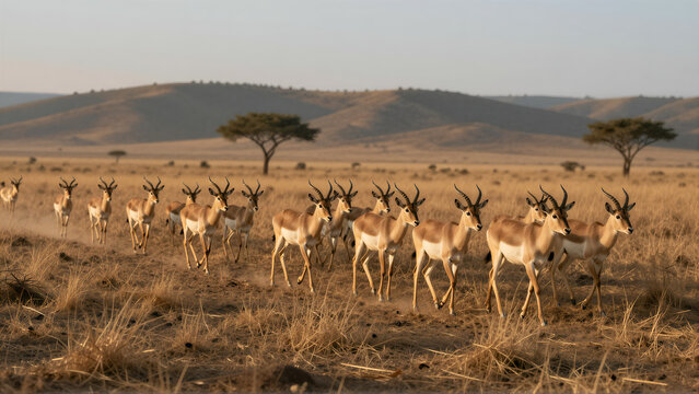 Saiga Antelopes Migrating Through Arid Sustainable Savanna